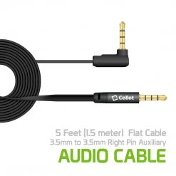 CN3535K - Cellet 5 Foot (1.5 Meter) Premium Flat Wire 3.5mm To 3.5mm Right Angle Pin Auxiliary Audio Cable