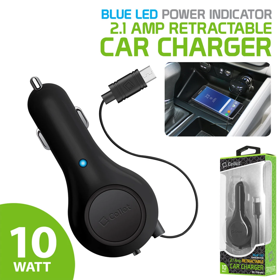 PMOTQ9RB - Cellet Compact 10 Watt Powered Micro USB Retractable Plug In Car Charger 1 PMOTQ9RB - Cellet Compact 10 Watt Powered Micro USB Retractable Plug In Car Charger