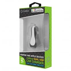 PUSB2ADWB - Cellet RapidCharge 12W 2.4A Dual USB Car Charger For Android And Apple Devices - White
