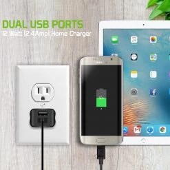 Cellet Full Catalog TCMICROH24 - Micro USB Home Charger, Universal 12Watt (2.4amps) Home Charger With Dual Ports And 4ft.(1.2m) Micro USB Cable Compatible To Kindle, Kindle Paperwhite, Samsung Galaxy Tab 4/3, Tab A, Smasung Galaxy S7 Edge/S6 Edge, Galaxy Note 5/4 - Black