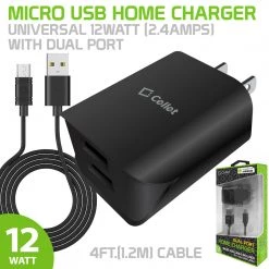 Cellet Full Catalog TCMICROH24 - Micro USB Home Charger, Universal 12Watt (2.4amps) Home Charger With Dual Ports And 4ft.(1.2m) Micro USB Cable Compatible To Kindle, Kindle Paperwhite, Samsung Galaxy Tab 4/3, Tab A, Smasung Galaxy S7 Edge/S6 Edge, Galaxy Note 5/4 - Black