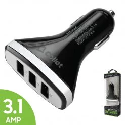 Cellet Wholesale PUSBN3BK - 3.1-Amp 3-Port USB Car Charger For Tablets, Smartphones, Bluetooth, GPS, Black: