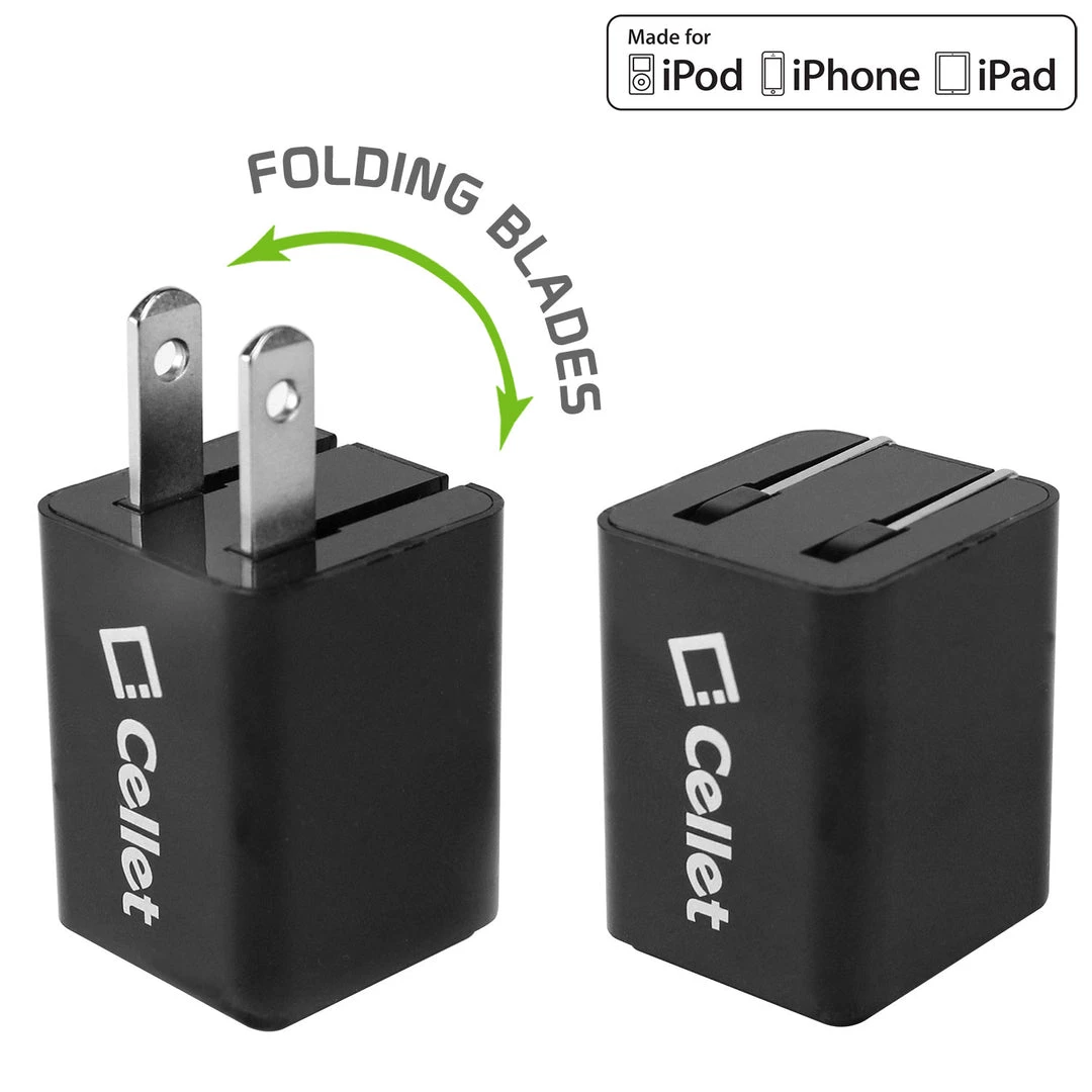 Full Catalog TCAPP8F12BK - Cellet 5 Watt (1 Amp) With Folding Blades Single Port Home Charger (Lightning Cable Included, Apple MFI Certified) - Black 2 Full Catalog TCAPP8F12BK - Cellet 5 Watt (1 Amp) With Folding Blades Single Port Home Charger (Lightning Cable Included, Apple MFI Certified) - Black