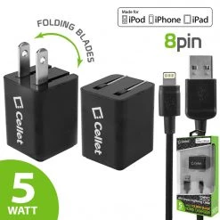 Full Catalog TCAPP8F12BK - Cellet 5 Watt (1 Amp) With Folding Blades Single Port Home Charger (Lightning Cable Included, Apple MFI Certified) - Black