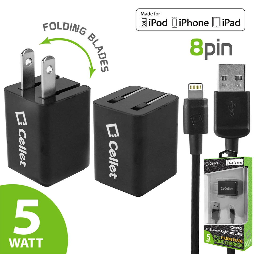 Full Catalog TCAPP8F12BK - Cellet 5 Watt (1 Amp) With Folding Blades Single Port Home Charger (Lightning Cable Included, Apple MFI Certified) - Black 1 Full Catalog TCAPP8F12BK - Cellet 5 Watt (1 Amp) With Folding Blades Single Port Home Charger (Lightning Cable Included, Apple MFI Certified) - Black