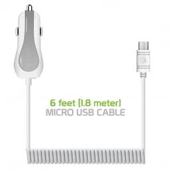 PMICUM21WT - Cellet High Powered 12 Watt (2.4 Amp) Micro USB Car Charger With Extra USB Port And Coiled Cable - White Full Catalog