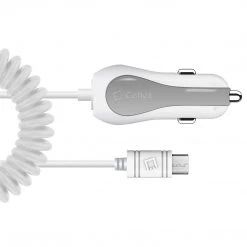 PMICUM21WT - Cellet High Powered 12 Watt (2.4 Amp) Micro USB Car Charger With Extra USB Port And Coiled Cable - White Full Catalog