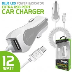 PMICUM21WT - Cellet High Powered 12 Watt (2.4 Amp) Micro USB Car Charger With Extra USB Port And Coiled Cable - White Full Catalog