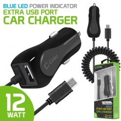 PMICUM21BK - Cellet High Powered 12 Watt (2.4 Amp) Micro USB Car Charger With Extra USB Port And Coiled Cable - Black Full Catalog