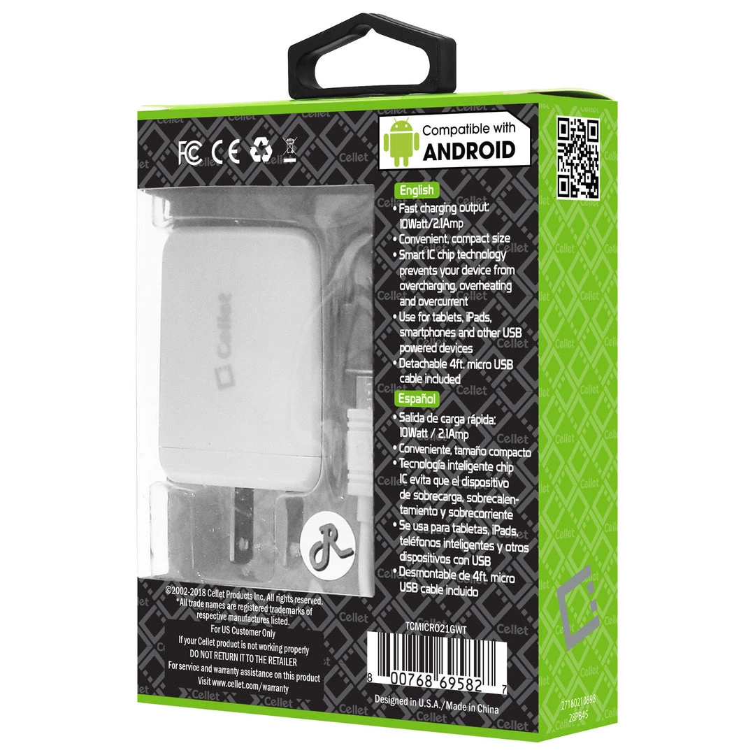 TCMICRO21GWT - Cellet Hi-Powered 10W / 2.1 Amp Home Charger (Micro USB Cable Included) - White Full Catalog 8 TCMICRO21GWT - Cellet Hi-Powered 10W / 2.1 Amp Home Charger (Micro USB Cable Included) - White Full Catalog