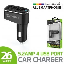PUSB452BK - Cellet Universal 26W 5.2 Amp 4-Port Car Charger For Android And Apple Devices - Black