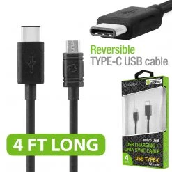 Cellet Wholesale Full Catalog DCMICRO4BK - Cellet Micro USB To USB Reversible Type-C Cable For Nexus 5X, Nexus 6P, Nokia Lumia 950/950 XL, OnePlus 2, Nokia N1, LG G5, HTC 10, Samsung Galaxy Note 7, Android Devices And More - Black