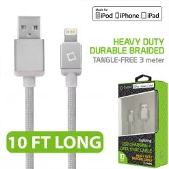 Full Catalog DA8T10BRSL - Cellet Lightning 8 Pin (Apple MFI Certified) 10 Ft. (3m) Heavy Duty Nylon Braided USB Charging Plus Data Sync Cable - Silver