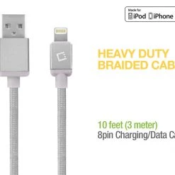 Full Catalog DA8T10BRSL - Cellet Lightning 8 Pin (Apple MFI Certified) 10 Ft. (3m) Heavy Duty Nylon Braided USB Charging Plus Data Sync Cable - Silver