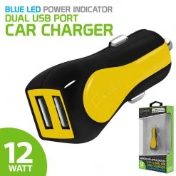 Full Catalog PUSBE21YL - Cellet Prism Rapid Charge 12W 2.4A Dual USB Car Charger For Android And Apple Devices - Yellow
