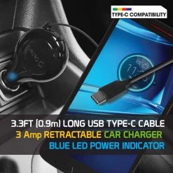 Full Catalog PUSBC30R - Cellet 3A / 15W USB Type-C Retractable Car Charger For LG G5, Nexus 5X, Nexus 6P, Nokia Lumia 950/950 XL, OnePlus 2, Samsung Galaxy Note 7