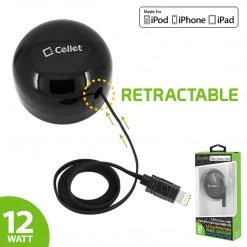 Full Catalog TCAPP8R24 - IPhone Charger, Cellet High Power 2.4A /12W Apple MFI Certified Retractable Lightning Home Charger For IPad, IPhone, IPad