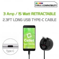 Full Catalog TCUSBCR30 - Cellet High Powered 3Amp / 15Watt USB Type-C Retractable Home Charger For Samsung Galaxy 10 10+ Note 10 Google Pixel 3 XL LG G5, Nexus 5X, Nexus 6P, Nokia Lumia 950/950 XL, OnePlus 2