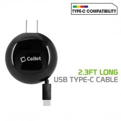 Full Catalog TCUSBCR30 - Cellet High Powered 3Amp / 15Watt USB Type-C Retractable Home Charger For Samsung Galaxy 10 10+ Note 10 Google Pixel 3 XL LG G5, Nexus 5X, Nexus 6P, Nokia Lumia 950/950 XL, OnePlus 2