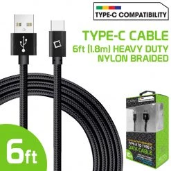 Cellet Wholesale DCA620BK - Type-C Cable, Cellet 6ft (1.8m) Heavy Duty Nylon Braided USB-A To USB-C For HTC 10, LG G5, Nexus 5X/6P, LG V20, Samsung Galaxy Note 7 - Black Full Catalog