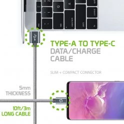 Full Catalog DCA1020GY - Type-C Cable, Cellet 10ft (3m) Heavy Duty Nylon Braided USB-A To USB-C For HTC 10, LG G5, Nexus 5X/6P, LG V20, Samsung Galaxy Note 7- Gray