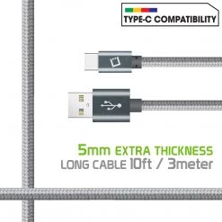 Full Catalog DCA1020GY - Type-C Cable, Cellet 10ft (3m) Heavy Duty Nylon Braided USB-A To USB-C For HTC 10, LG G5, Nexus 5X/6P, LG V20, Samsung Galaxy Note 7- Gray