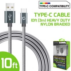 Full Catalog DCA1020GY - Type-C Cable, Cellet 10ft (3m) Heavy Duty Nylon Braided USB-A To USB-C For HTC 10, LG G5, Nexus 5X/6P, LG V20, Samsung Galaxy Note 7- Gray
