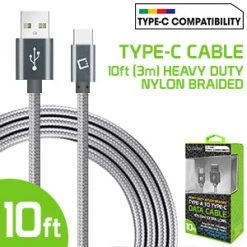 Full Catalog DCA1020GY - Type-C Cable, Cellet 10ft (3m) Heavy Duty Nylon Braided USB-A To USB-C For HTC 10, LG G5, Nexus 5X/6P, LG V20, Samsung Galaxy Note 7- Gray