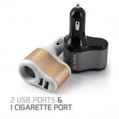 Full Catalog PUSBDC3AWT - Cellet 3 In 1 Car Charger With 2 USB Ports And 1 Car Socket Lighter Adapter - White/Gold