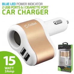 Full Catalog PUSBDC3AWT - Cellet 3 In 1 Car Charger With 2 USB Ports And 1 Car Socket Lighter Adapter - White/Gold
