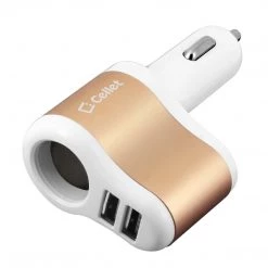 Full Catalog PUSBDC3AWT - Cellet 3 In 1 Car Charger With 2 USB Ports And 1 Car Socket Lighter Adapter - White/Gold