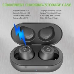 Full Catalog EB600BK - Cellet Wireless Earbuds, Premium V5.0 In-Ear Wireless Earbuds With Charging Case, Voice Notifications And Built-in Microphone And Type C USB Charging Cable Compatible To Wireless Enabled Devices - Black