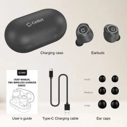 Full Catalog EB600BK - Cellet Wireless Earbuds, Premium V5.0 In-Ear Wireless Earbuds With Charging Case, Voice Notifications And Built-in Microphone And Type C USB Charging Cable Compatible To Wireless Enabled Devices - Black