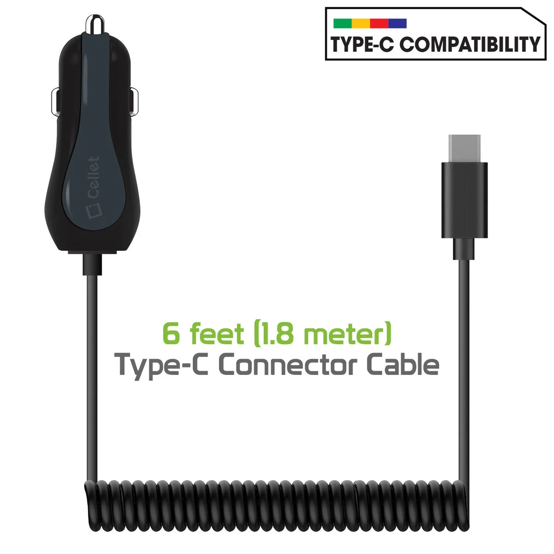 PUSBC32 - Cellet High Powered 3 Amp / 15 Watt Type-C USB Car Charger With Extra USB Port & Attached 6ft Coiled Cable Full Catalog 4 PUSBC32 - Cellet High Powered 3 Amp / 15 Watt Type-C USB Car Charger With Extra USB Port & Attached 6ft Coiled Cable Full Catalog