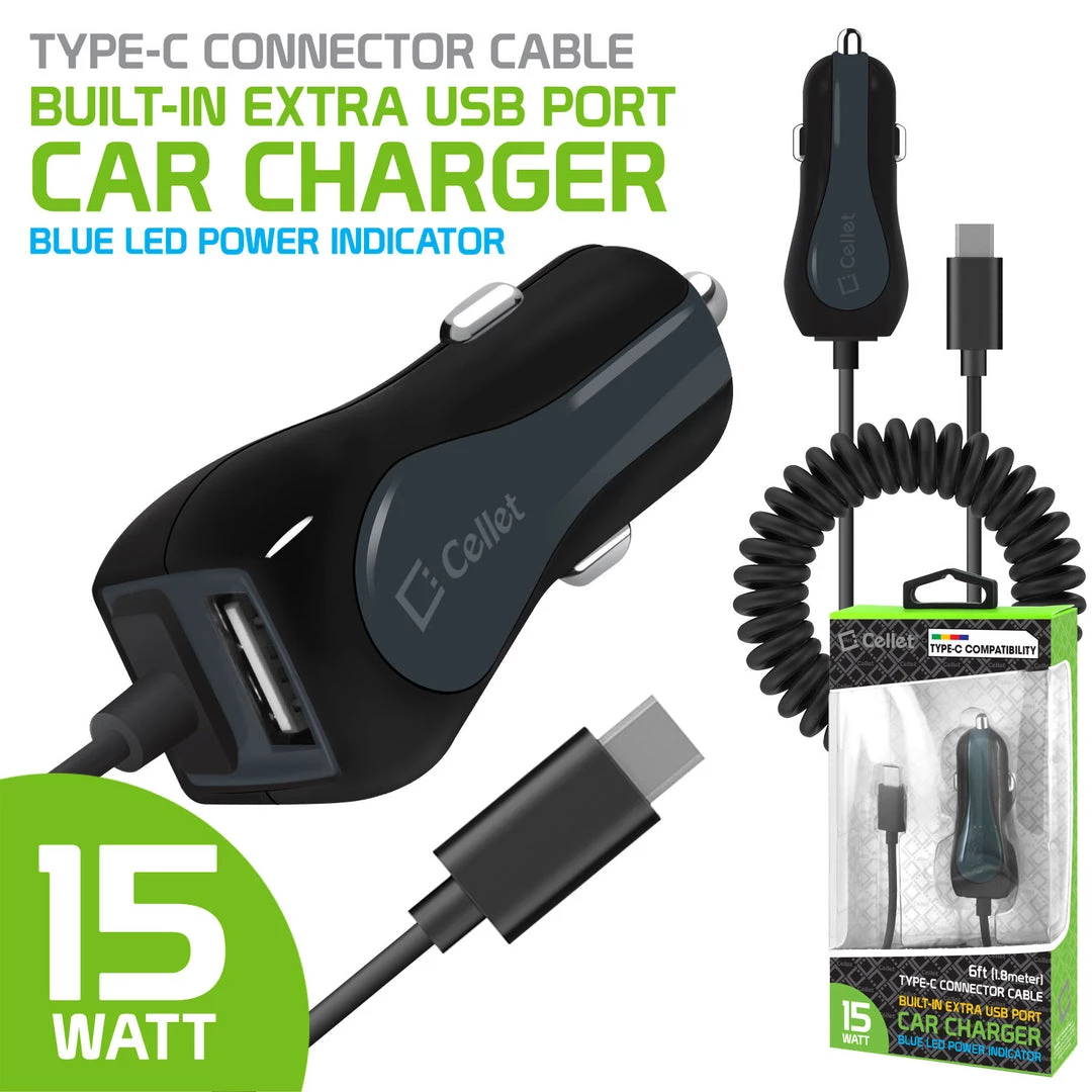 PUSBC32 - Cellet High Powered 3 Amp / 15 Watt Type-C USB Car Charger With Extra USB Port & Attached 6ft Coiled Cable Full Catalog 1 PUSBC32 - Cellet High Powered 3 Amp / 15 Watt Type-C USB Car Charger With Extra USB Port & Attached 6ft Coiled Cable Full Catalog