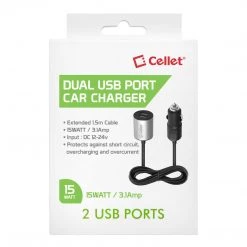 PBACK2BK - Cellet Universal 3.1A Dual USB Port Car Charger With Extended 1.5m Cable For IPhone, Samsung, IPad And More Full Catalog