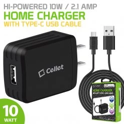 Cellet TCUSB10W - High Power USB Home Charger, 2.1A/10W USB Home Charger (USB-C Cable Included)