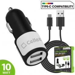 Full Catalog PUSB10W- High Power Dual USB Car Charger, Cellet 2.1A/10W Dual USB Car Charger (Type-C Cable Included) - White
