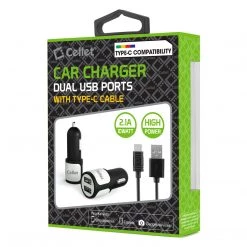 Full Catalog PUSB10W- High Power Dual USB Car Charger, Cellet 2.1A/10W Dual USB Car Charger (Type-C Cable Included) - White