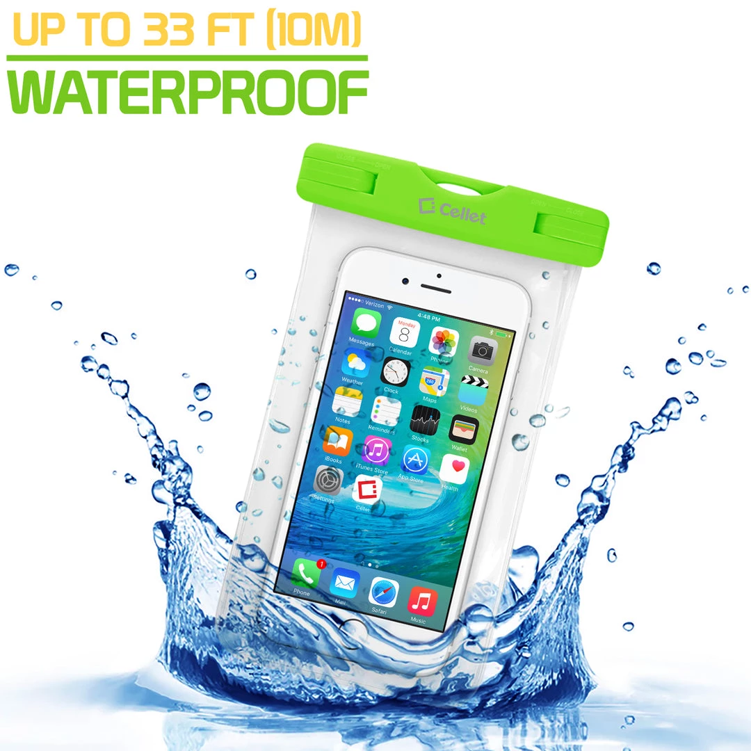 WATER1GR - Cellet Universal IPX8 Waterproof Case For Apple IPhone 7 Plus, 6s Plus, Samsung Galaxy S7 Edge, Large Smartphones, Digital Cameras, MP3 Players And More - Green Full Catalog 1 WATER1GR - Cellet Universal IPX8 Waterproof Case For Apple IPhone 7 Plus, 6s Plus, Samsung Galaxy S7 Edge, Large Smartphones, Digital Cameras, MP3 Players And More - Green Full Catalog