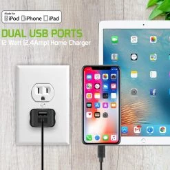 Cellet TCAPP824HBK - UL Certified Compact Home Charger For Apple Devices, 12 Watt (2.4Amp) Home Charger With Dual Ports And 3.3 Ft. Apple MFI Certified Lightning Cable Compatible To IPhone XS Max, XS, XR, X, 8/8 Plus, IPad, IPad Mini 4/3/2 And More - Black Full Catalog