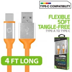 DCA4OR - Flexible / Soft / Tangle-Free Type A To Type C Data Cable - Orange - By Cellet