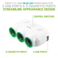 PBACK3WT - Cellet Dual USB Port & 3 Cigarette Port Car Charger For Android & Apple Devices - White Full Catalog