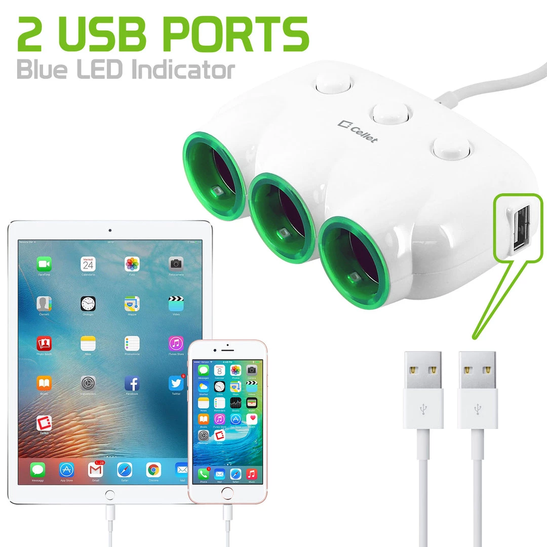 PBACK3WT - Cellet Dual USB Port & 3 Cigarette Port Car Charger For Android & Apple Devices - White Full Catalog 3 PBACK3WT - Cellet Dual USB Port & 3 Cigarette Port Car Charger For Android & Apple Devices - White Full Catalog