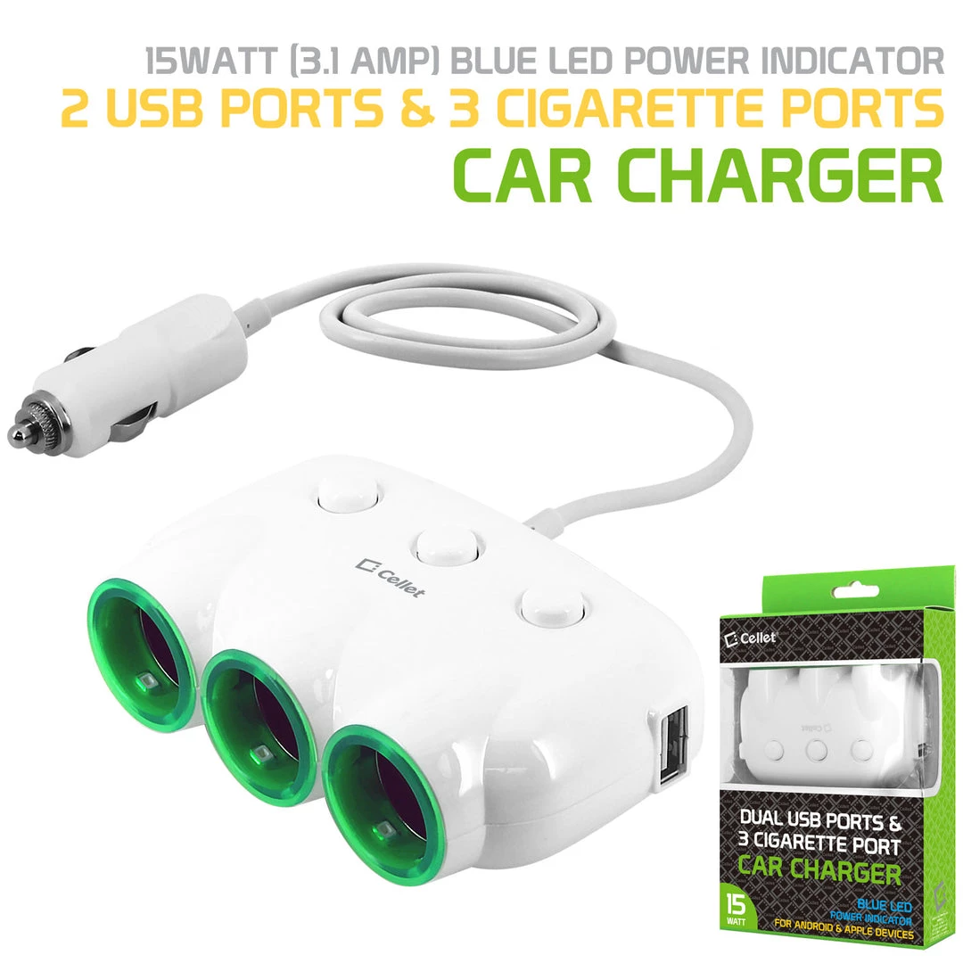 PBACK3WT - Cellet Dual USB Port & 3 Cigarette Port Car Charger For Android & Apple Devices - White Full Catalog 1 PBACK3WT - Cellet Dual USB Port & 3 Cigarette Port Car Charger For Android & Apple Devices - White Full Catalog