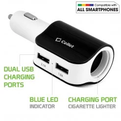 PUSBDC2BK - Cellet Universal High Power 15 Watt / 3.1 Amp Dual USB Car Charger - Black/White Full Catalog