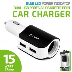 PUSBDC2BK - Cellet Universal High Power 15 Watt / 3.1 Amp Dual USB Car Charger - Black/White Full Catalog