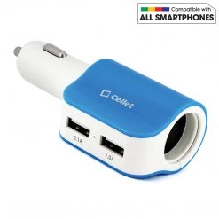 PUSBDC2BL - Cellet Universal High Power Dual USB Port & Cigarette Port 15W / 3.1Amps Dual USB Car Charger - Blue/White Full Catalog