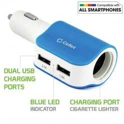 PUSBDC2BL - Cellet Universal High Power Dual USB Port & Cigarette Port 15W / 3.1Amps Dual USB Car Charger - Blue/White Full Catalog