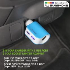 PUSBDC2BL - Cellet Universal High Power Dual USB Port & Cigarette Port 15W / 3.1Amps Dual USB Car Charger - Blue/White Full Catalog